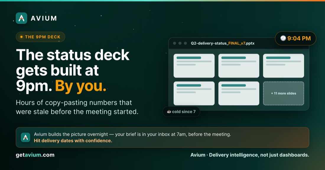 A weekly status deck being assembled by hand at 9pm from mismatched tool exports.